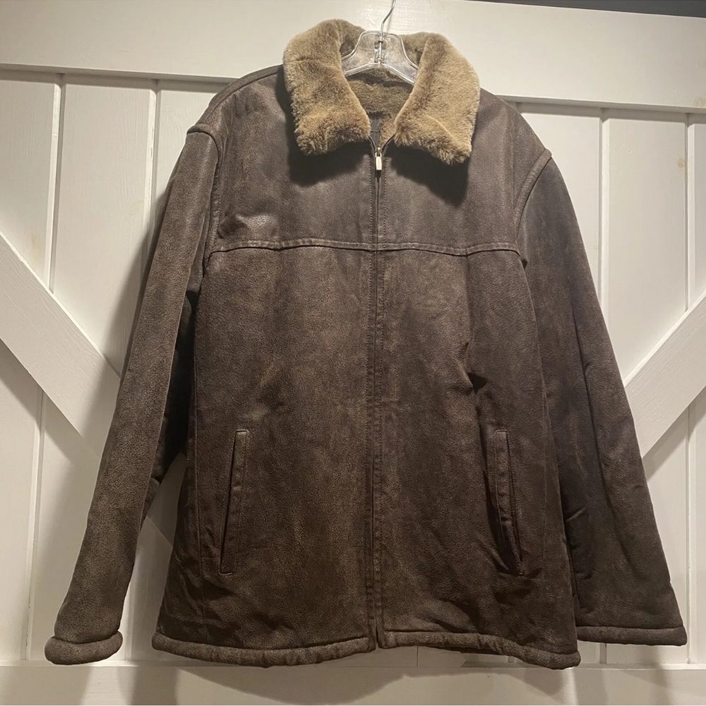 Robert Comstock RC Expedition Genuine Leather Faux Fur Lined Coat L Brown Tan